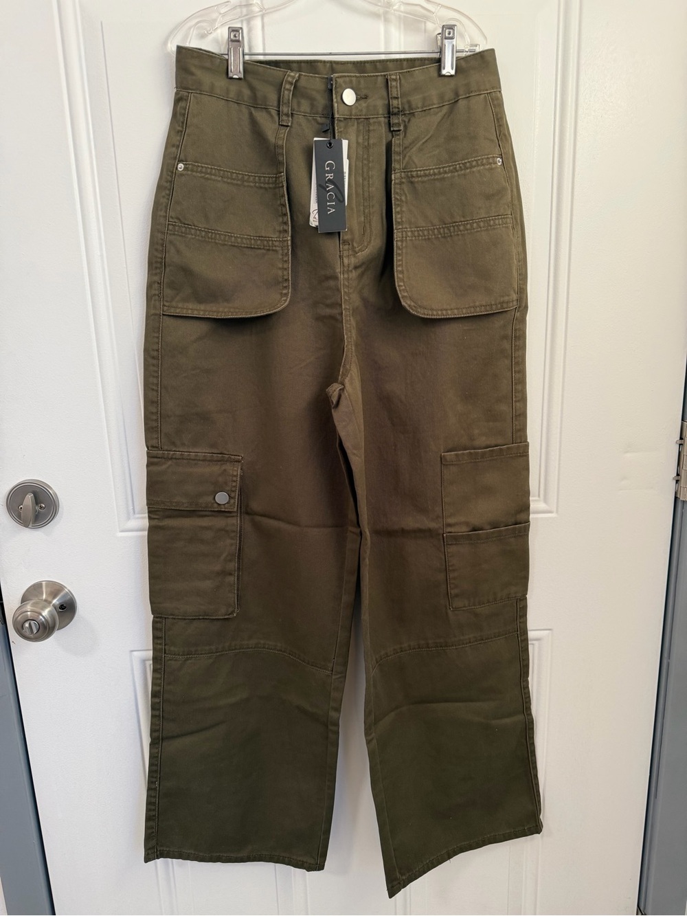 Gracia Olive Green Utility Cargo Pants Wide Leg Cropped High Rise NWT Small